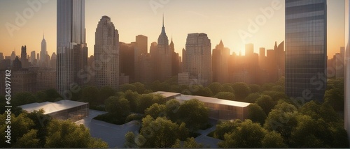 Wallpaper Mural Sunset over a modern city with tall building and a glass skyscrapers, with a small square in the center Torontodigital.ca