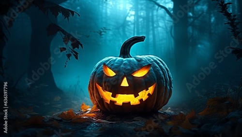Halloween pumpkins in night wood, generative ai
