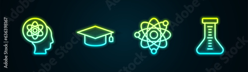 Set line Atom, Graduation cap, and Test tube. Glowing neon icon. Vector
