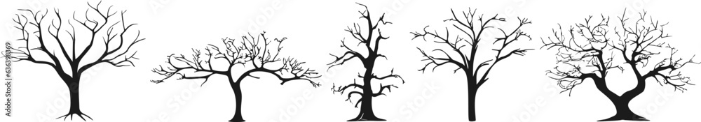 Tree silhouette. Collection of black contours of trees without leaves. Various trees in different positions. Forest set in flat style. Vector illustration.