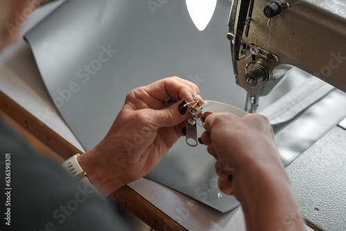 Person skillfully operating a sewing machine in a residential or commercial workspace