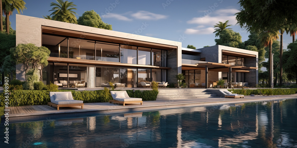 Generative AI, View of swimming pool in front of a modern luxury house. Villa, hotel resort