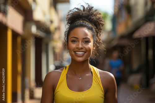 A passionate African woman runs fulltilt down a street lined with shops her strides easy and purposeful. Her bright yellow singlet