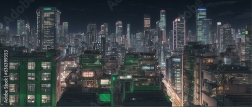 Close balcony view of a neighborhood in a futuristic downtown Manhattan  neon punk vision