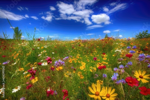 Lush prairie filled with colorful and vibrant flowers under blue skies., generative IA