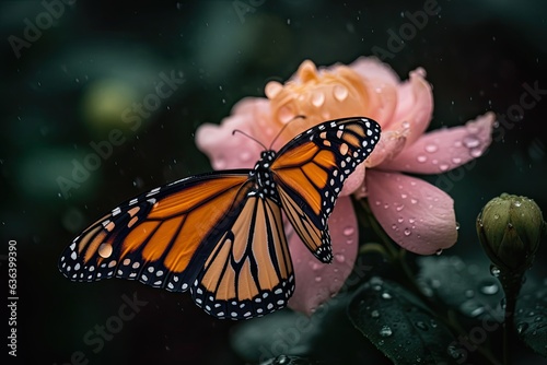 Butterfly lands on pink flower and dew., generative IA © Lindamar
