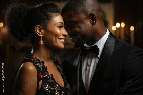 A stunning black couple in formal attire smiles shyly at each other eyes ling in a moment of tenderness.