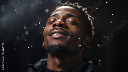 A striking shot of an African American man wearing a plain black polo shirt against a backdrop of pure white snow his eyes closed and