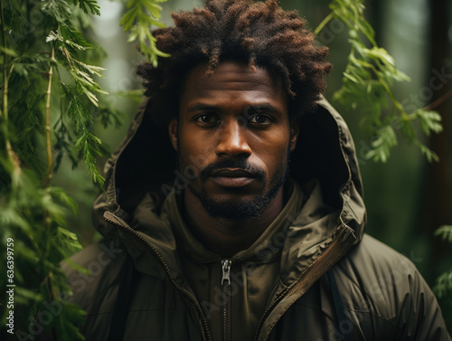 strong African American man looks deep into the forest. His solid frame and brown skin stand out against the evergreen landscape.