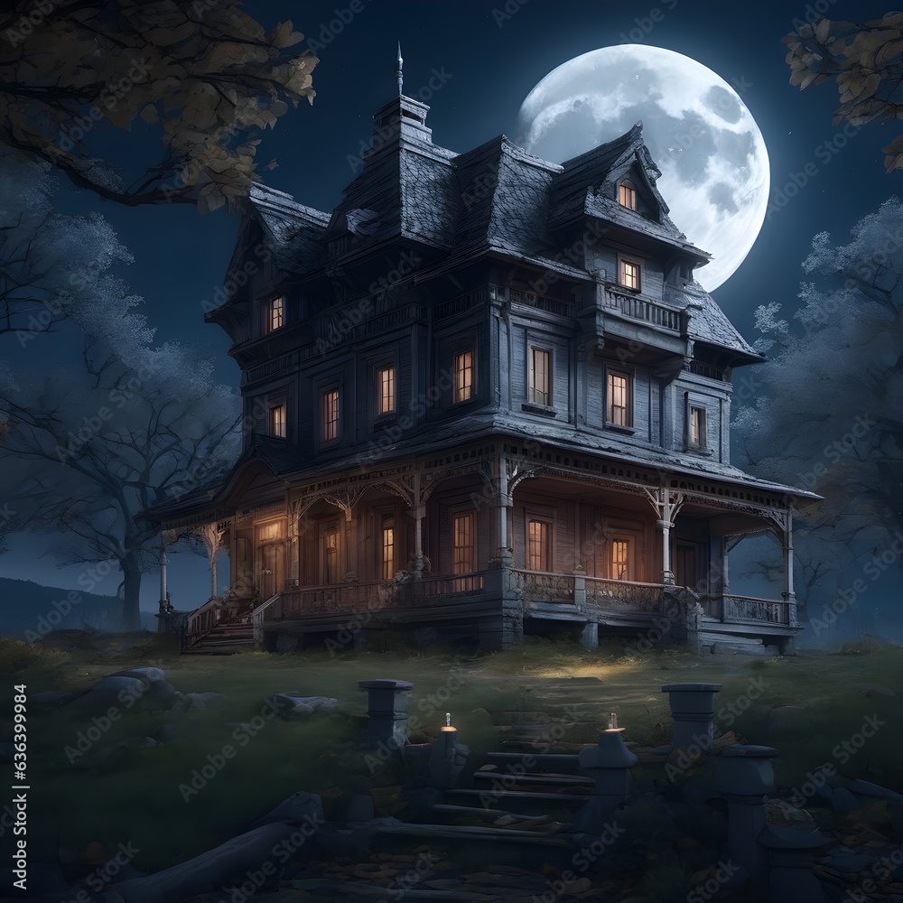 Obraz premium Abandoned Farmhouse Mansion with a Very Creepy Past: Night Ambient with Moon
