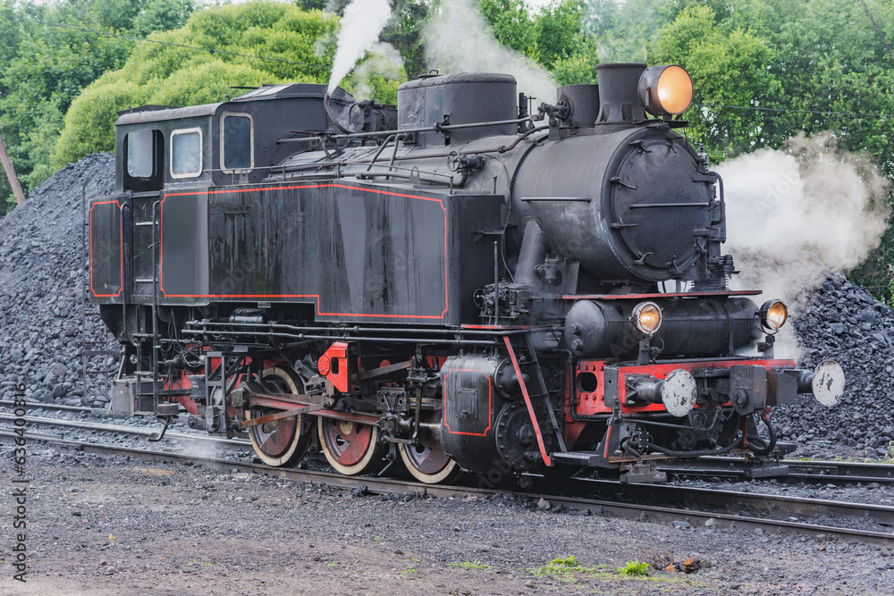 Retro steam locomotive stands near depot.