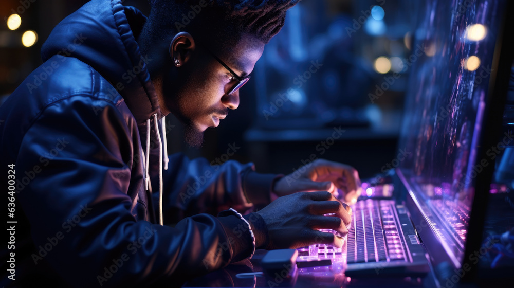 A Senegalese man focused intently on a monitor his dark skin reflecting the bright blues and purples of the programming language he