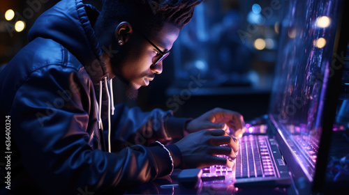 A Senegalese man focused intently on a monitor his dark skin reflecting the bright blues and purples of the programming language he