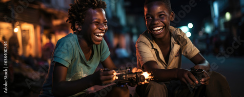 Two laughing Ghanaian boys nonchalantly playing a video game their dark skin a sharp contrast to the bright colors and images projected