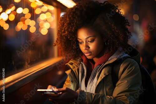 young Black African woman sits alone in a bustling bus stop her laptop lit up and her scribbling away at a note in her notepad. Her