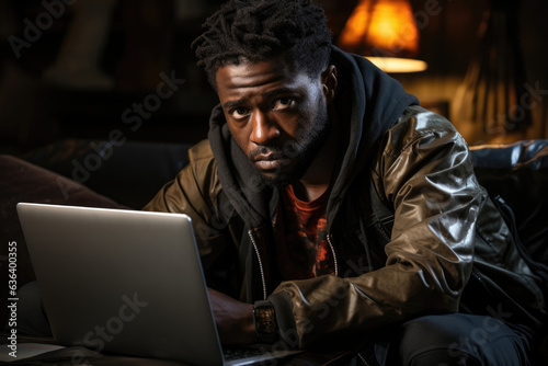 Black African man sits on a small couch his hands hovering over his laptops keys the light illuminating his dark skin. He stares intently
