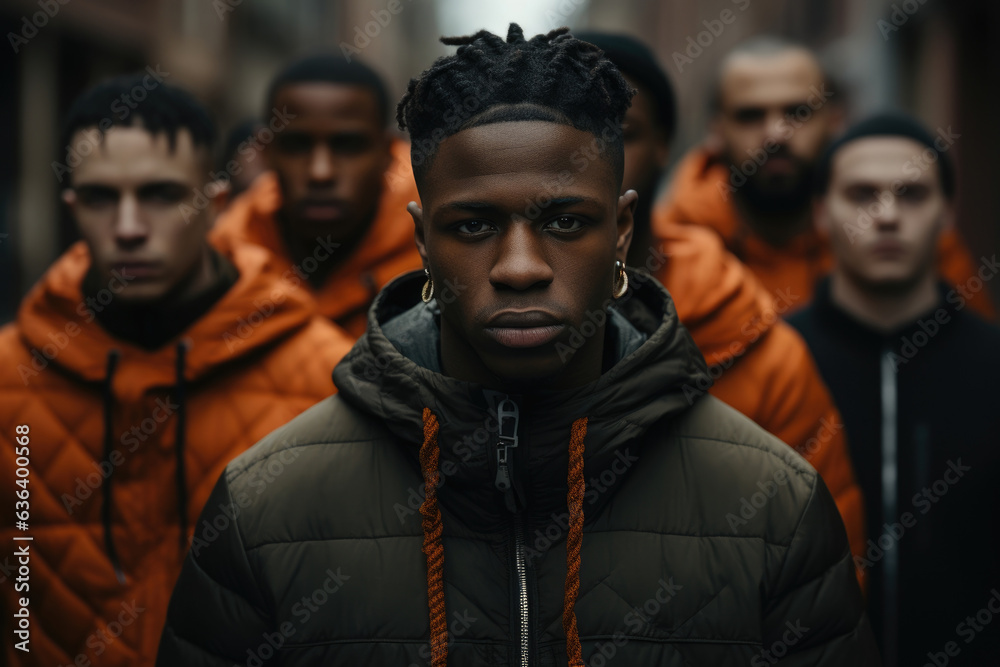 A group of young Black men stand together facing the camera in the middle of an urban city. All the men are dressed in modern streetwear A group of young Black men stand together facing the camera in the middle of an urban city. All the men are dressed in modern streetwear