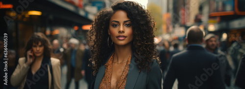 A powerful African American woman wearing a sharp suit and carrying a briefcase walking confidently and unafraid her suit gleaming