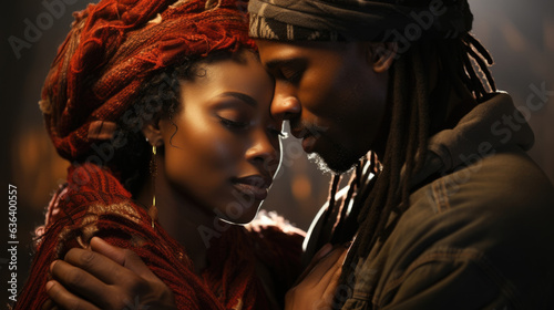 An African American couple entwined in a passionate embrace her hands knotted in his dreadlocks and his arms securely around her their