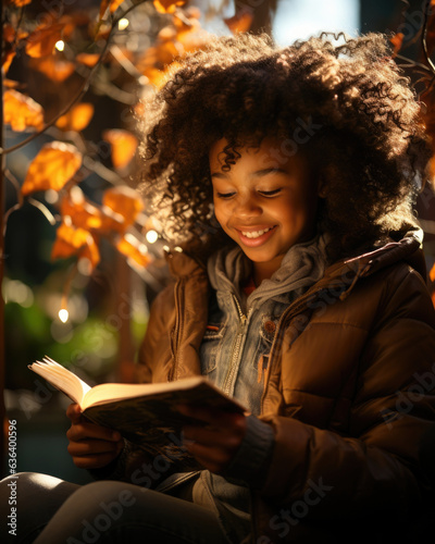 A young Black girl sits on a bench in her own world her face lighting up with a smile as she reads a book. Even in her stillness there © Justlight