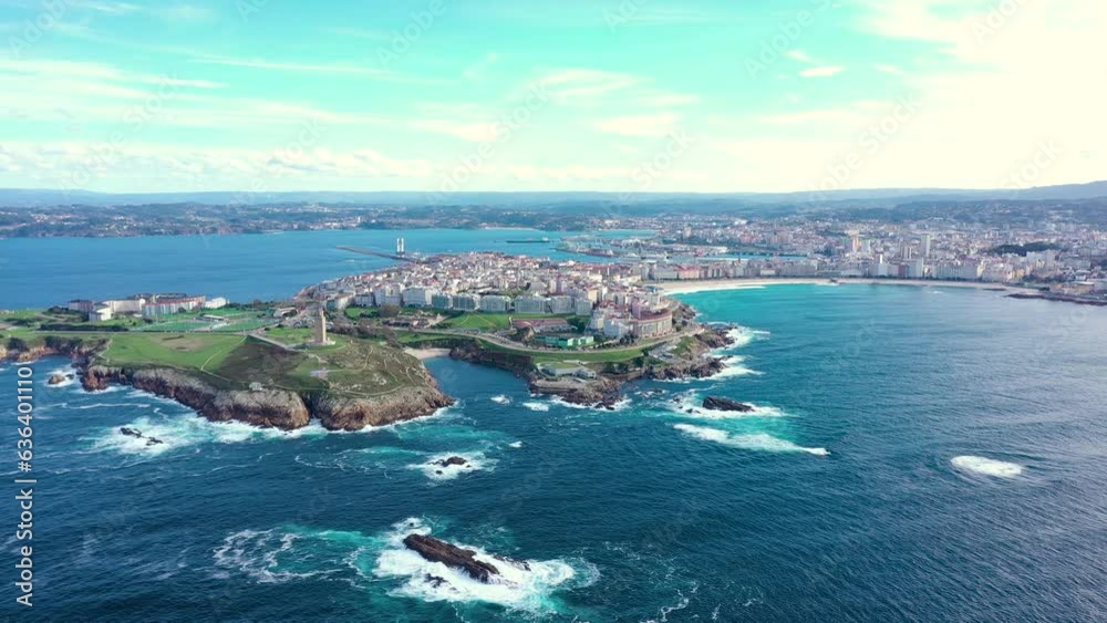 Cinematic panoramic view of A Coruna city, Galicia, Spain. Perspective from above of entire region. Riazor Beach and Orzán beach. Drone backward. Travel destination and the richest region of Galicia Cinematic panoramic view of A Coruna city, Galicia, Spain. Perspective from above of entire region. Riazor Beach and Orzán beach. Drone backward. Travel destination and the richest region of Galicia