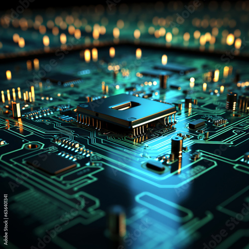 science fiction supercomputer design, futuristic high-tech cpu, circuit board digital technology background, blue glowing microchip design