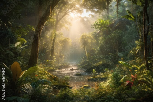 Meandering stream in lush rainforest., generative IA © Lindamar