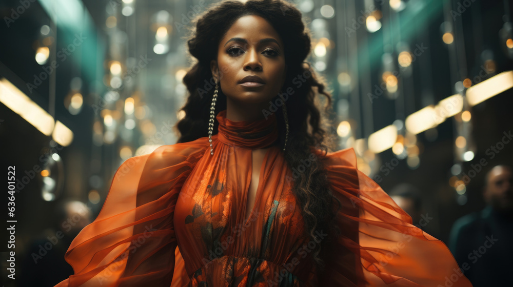 Obraz premium An African American girl wearing an avantgarde dress stands alone radiating individuality and fearless selfexpression. She strikes