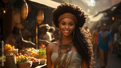 A slim statuesque African girl stands outside a busy street market with a handful of freshlypicked mangos. Her makeup is clean and