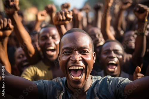 A group of African men jump in unison raising their fists in solidarity and celebration of the freedom they feel in the moment.