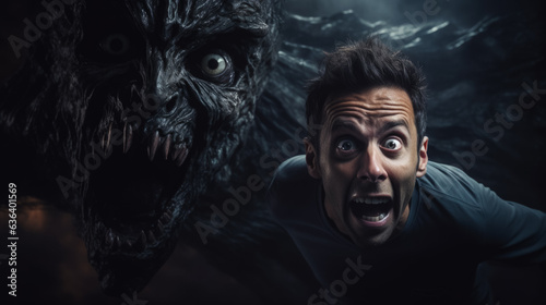 Being chased by a monster shocked face of a person dark background with a place for text photorealism 