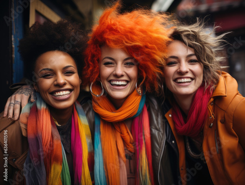 Five Black friends sharing a joyous hug in front of a vibrant rainbow mural.