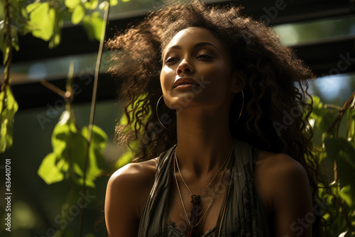 An African American woman sits under a towering tree its branches providing shelter and shade. In an atmosphere of peace and relaxation