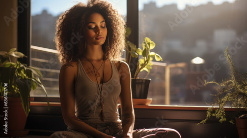 A single African American woman occupies a sunlit balcony her eyes closed as she practises gentle yoga. From the outside looking in