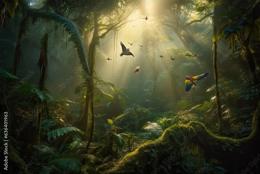 Lush rainforest, waterfall, colorful birds, monkeys playing. Butterflies dance among the flowers., generative IA