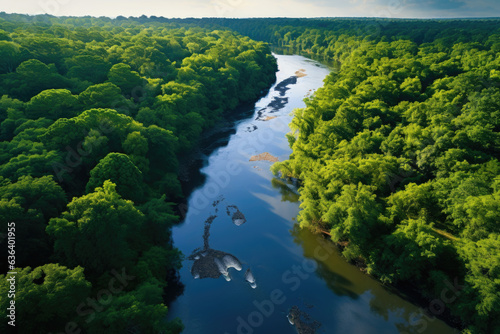 Aerial view of river in tropical green forest with mountains in background © STORYTELLER