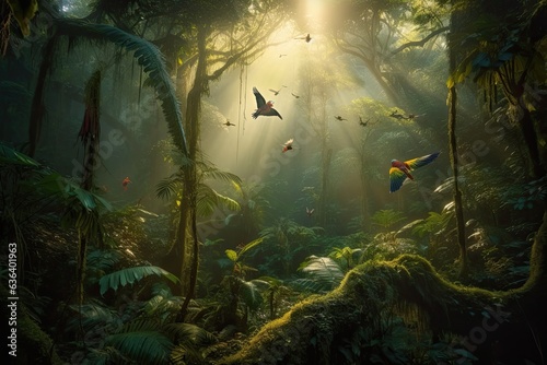 Lush rainforest  waterfall  colorful birds  monkeys playing. Butterflies dance among the flowers.  generative IA