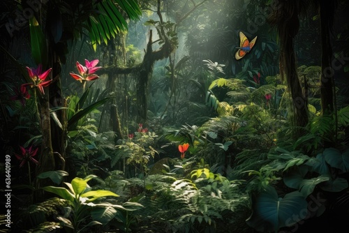Lush rainforest, winding rivers, colorful birds. Nature in full harmony., generative IA