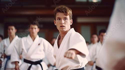 a karate asian martial art training in a dojo hall. young man wearing white kimono and black belt