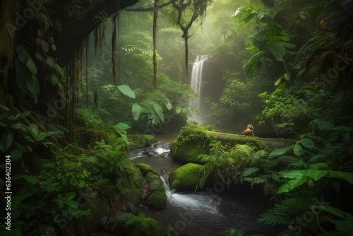 Lush rainforest waterfall  wildlife and abundant nature.  generative IA