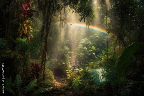 Tropical waterfall with rainbows and vibrant wildlife.  generative IA