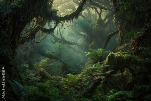 Lush scene  rainforest  vibrant life and meandering streams.  generative IA