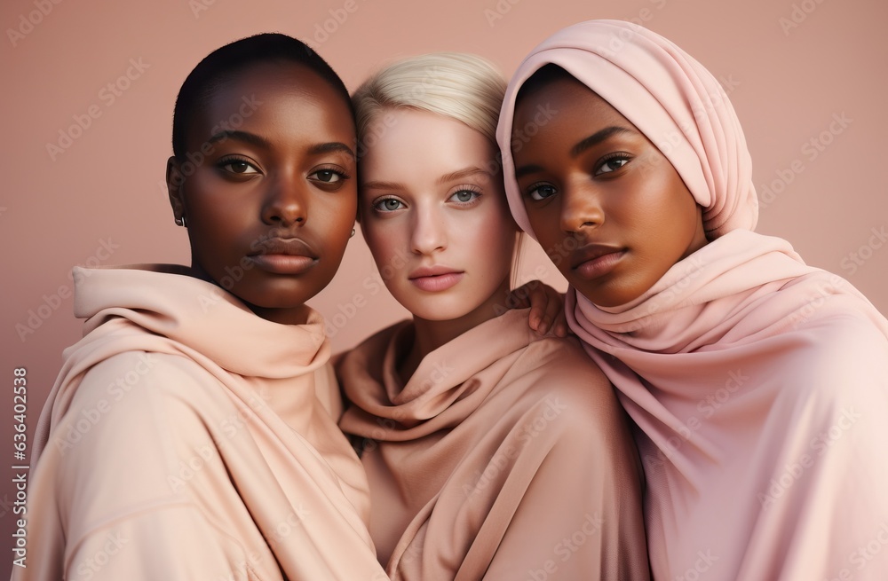 Three african american women with different skin color in pink hijab