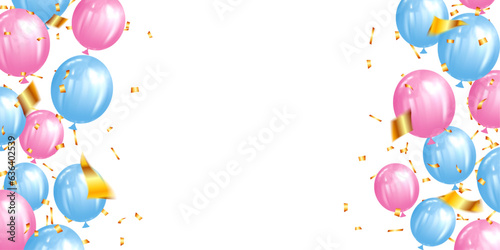background with cluster pink and blue balloons party birthday concept, holiday, web, banner with copy space. gold confetti