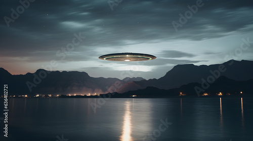 Fototapeta Naklejka Na Ścianę i Meble -  Flying saucer over lake at night with desert mountains
