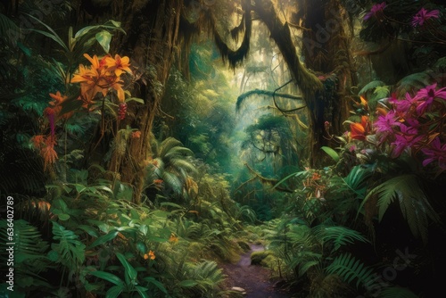Vibrant rainforest: lush life, serene waterfalls and colorful birds., generative IA