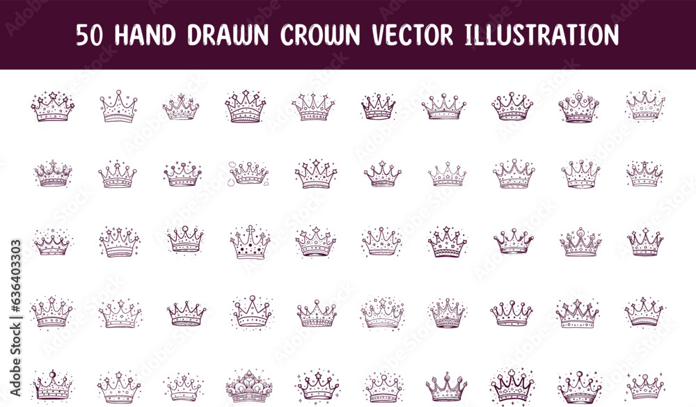 collection hand drawn royal crown vector illustration. hand drawn vector illustration