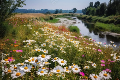Daisy in the field, butterflies and meandering river., generative IA
