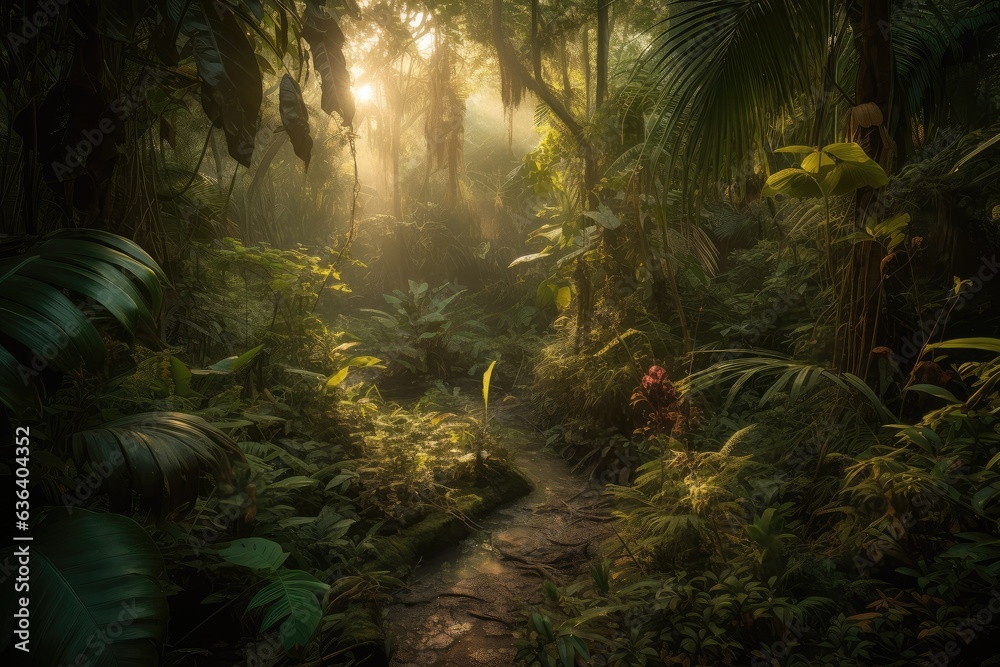 Lush jungle, meandering stream, vibrant wildlife., generative IA