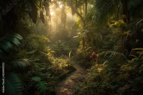 Lush jungle, meandering stream, vibrant wildlife., generative IA